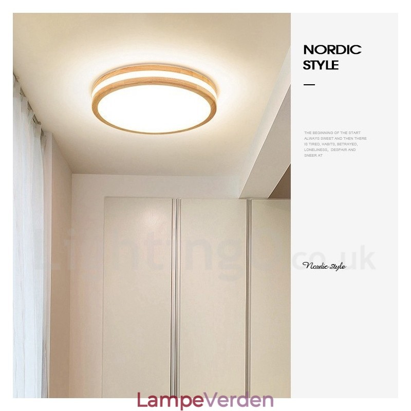 Dæmpbar rund træ med linse Moderne moderne nordisk stil flush Mount træloftslampe med akrylskærm og fjernbetjening kan også bruges som væglampe