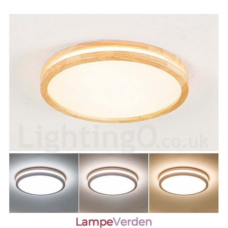 Dæmpbar rund træ med linse Moderne moderne nordisk stil flush Mount træloftslampe med akrylskærm og fjernbetjening kan også bruges som væglampe