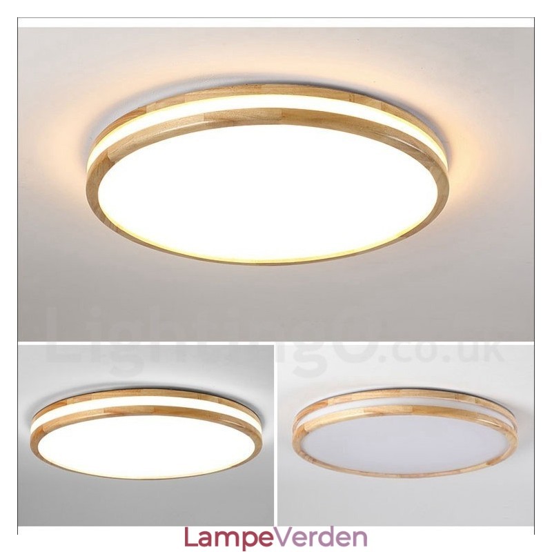 Dæmpbar rund træ med linse Moderne moderne nordisk stil flush Mount træloftslampe med akrylskærm og fjernbetjening kan også bruges som væglampe
