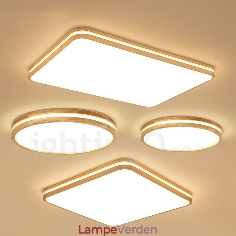 Dæmpbar rund træ med linse Moderne moderne nordisk stil flush Mount træloftslampe med akrylskærm og fjernbetjening kan også bruges som væglampe