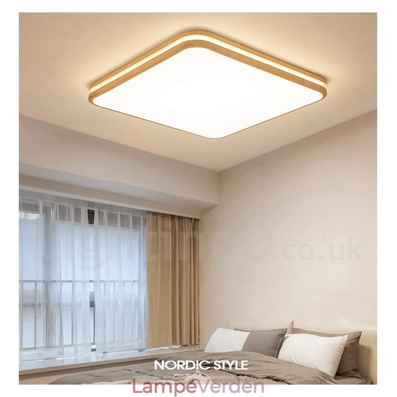 Firkantet træ med linse Moderne moderne nordisk stil flush Mount træloftslampe med akrylskærm og fjernbetjening kan også bruges som væglampe