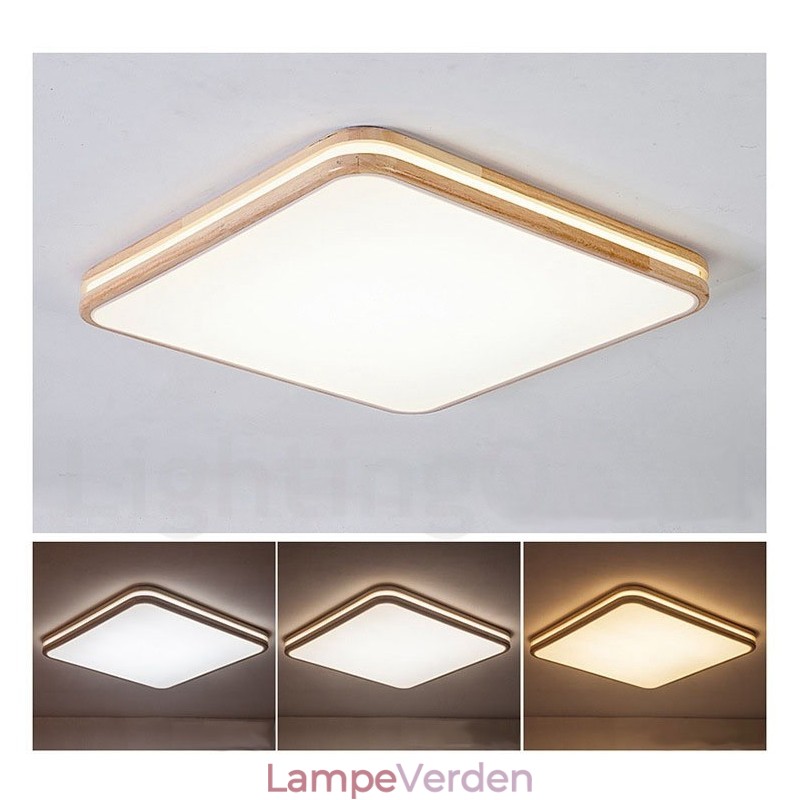 Firkantet træ med linse Moderne moderne nordisk stil flush Mount træloftslampe med akrylskærm og fjernbetjening kan også bruges som væglampe