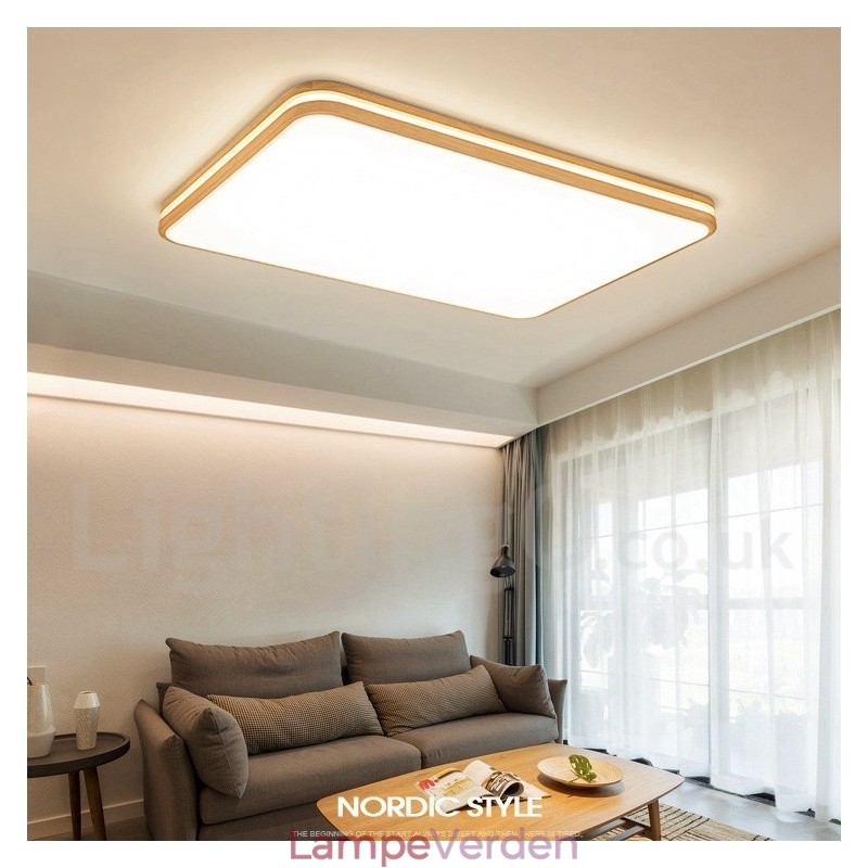 Dæmpbar rektangel af træ med linse Moderne moderne nordisk stil flush-mount træloftslampe med akrylskærm og fjernbetjening kan også bruges som væglampe
