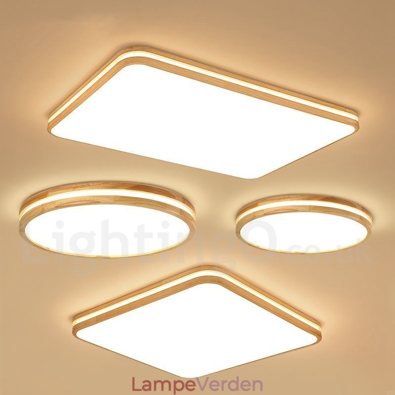 Dæmpbar rektangel af træ med linse Moderne moderne nordisk stil flush-mount træloftslampe med akrylskærm og fjernbetjening kan også bruges som væglampe