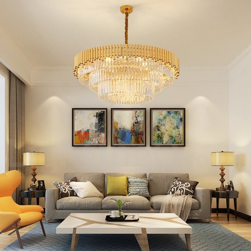 Postmoderne Guld Luksus Runde K9 Crystal Pendant Lysekrone Lights Exhibition Hall
