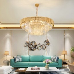 Postmoderne Guld Luksus Runde K9 Crystal Pendant Lysekrone Lights Exhibition Hall