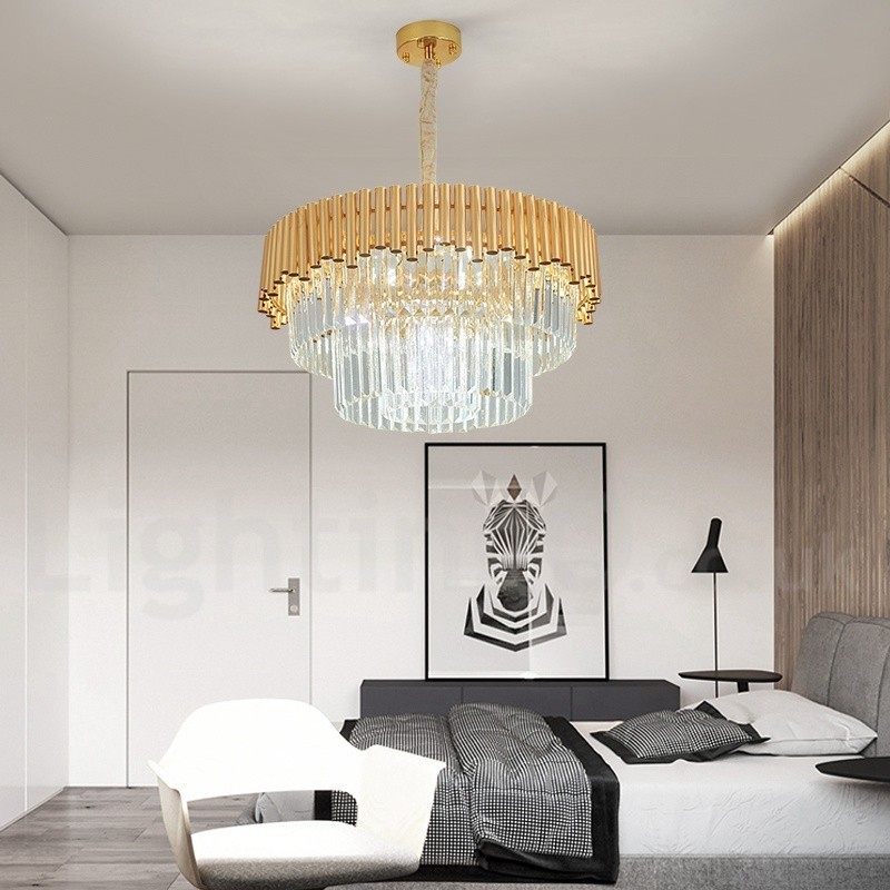 Postmoderne Guld Luksus Runde K9 Crystal Pendant Lysekrone Lights Exhibition Hall