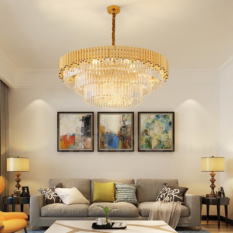 Postmoderne Guld Luksus Runde K9 Crystal Pendant Lysekrone Lights Exhibition Hall