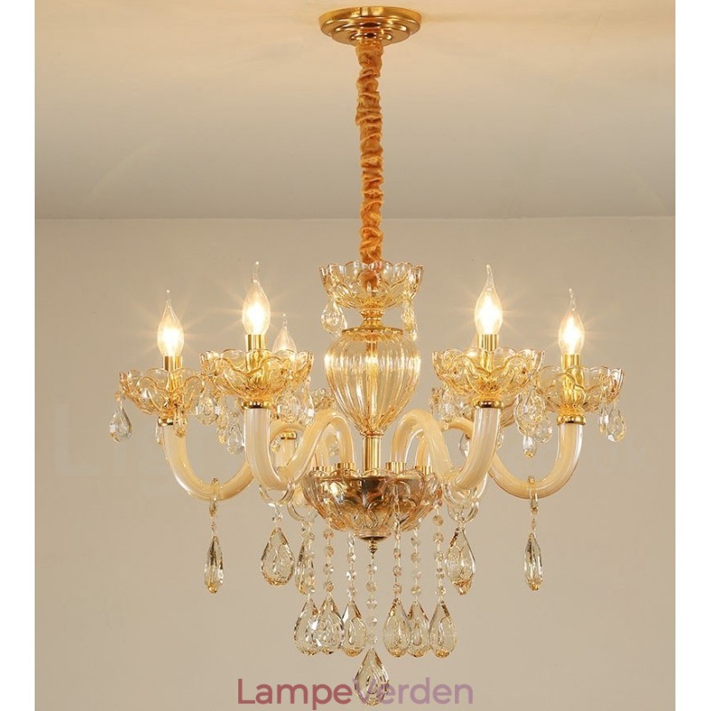 6 lys champagne farve krystal stearinlys lysekrone
