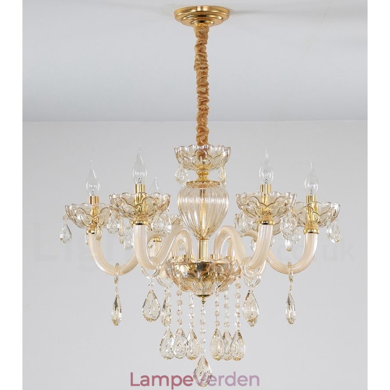6 lys champagne farve krystal stearinlys lysekrone