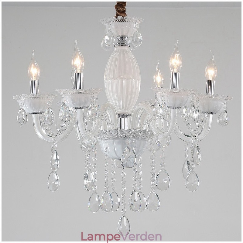 6 lys hvid stearinlys lysekrone med krystal