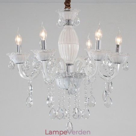 6 lys hvid stearinlys lysekrone med krystal