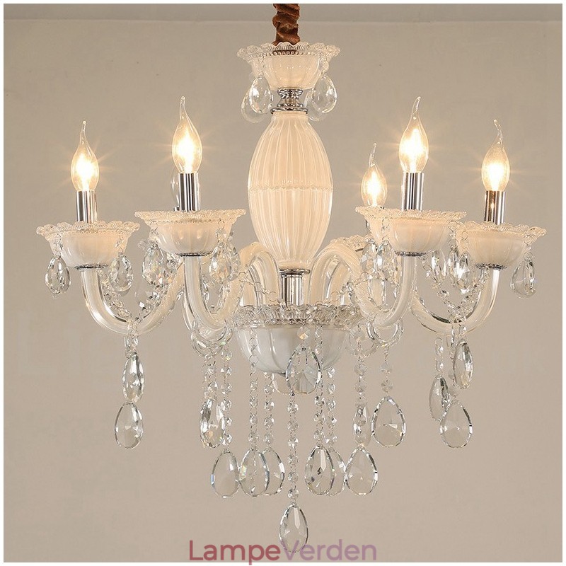 6 lys hvid stearinlys lysekrone med krystal