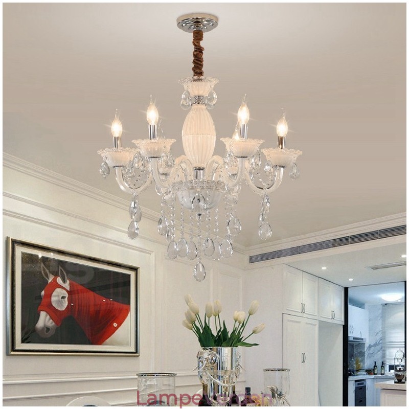 6 lys hvid stearinlys lysekrone med krystal