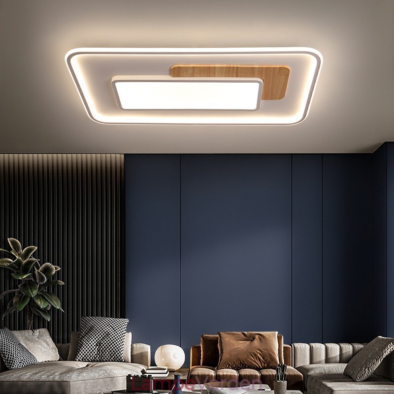 Træ dæmpbar moderne moderne nordisk stil rektangulære loftslamper med fjernbetjening kan også bruges som væglampe