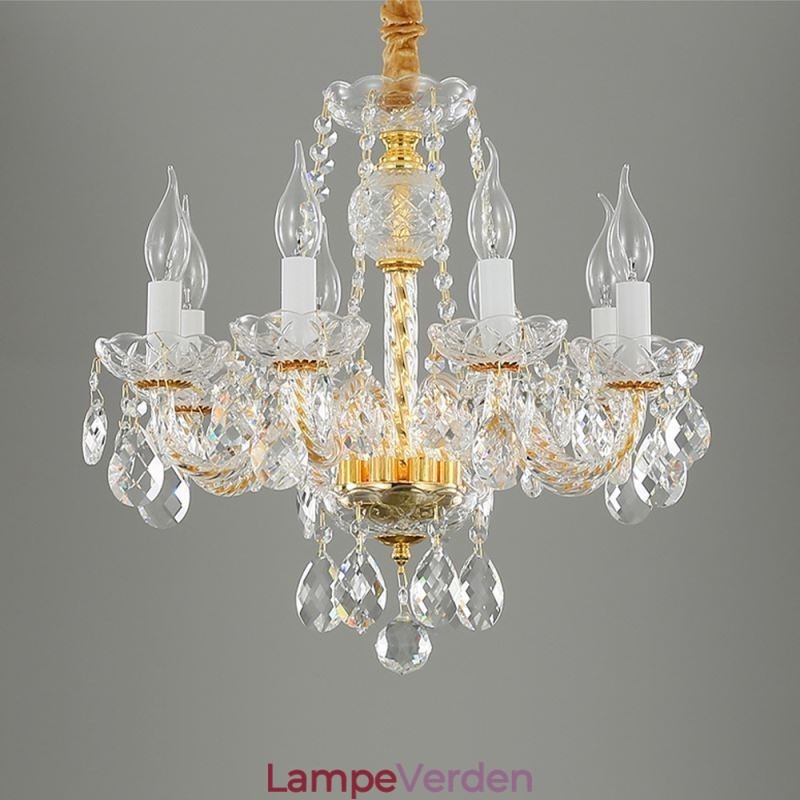 Europæisk klar krystal lysekrone glas lampehus 8 lys guld krop loftslampe