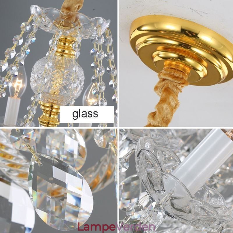 Europæisk klar krystal lysekrone glas lampehus 8 lys guld krop loftslampe