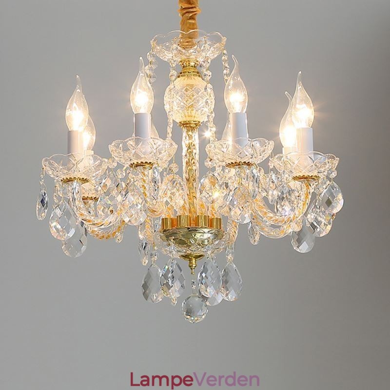 Europæisk klar krystal lysekrone glas lampehus 8 lys guld krop loftslampe