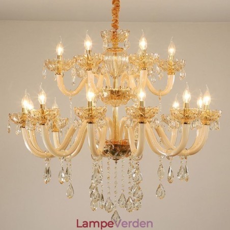 Elegant krystallysekrone europæisk cognacfarve loftslys glashus dobbeltlag 12+6 lys Elegant krystallysekrone europæisk cognacfarve loftslys glashus dobbeltlag 12+6 lys