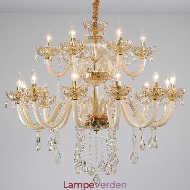 Elegant krystallysekrone europæisk cognacfarve loftslys glashus dobbeltlag 12+6 lys