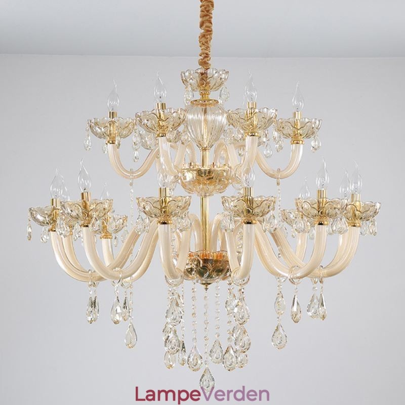 Elegant krystallysekrone europæisk cognacfarve loftslys glashus dobbeltlag 12+6 lys