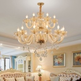 Elegant krystallysekrone europæisk cognacfarve loftslys glashus dobbeltlag 12+6 lys