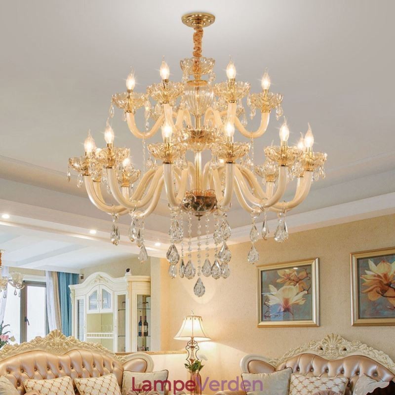 Elegant krystallysekrone europæisk cognacfarve loftslys glashus dobbeltlag 12+6 lys