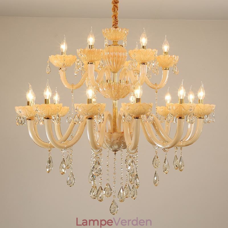 Luksuriøs krystallysekrone Europæisk Cognacfarve Loftslampe Glashus Dobbeltlag 12+6 lys