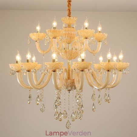 Luksuriøs krystallysekrone Europæisk Cognacfarve Loftslampe Glashus Dobbeltlag 12+6 lys