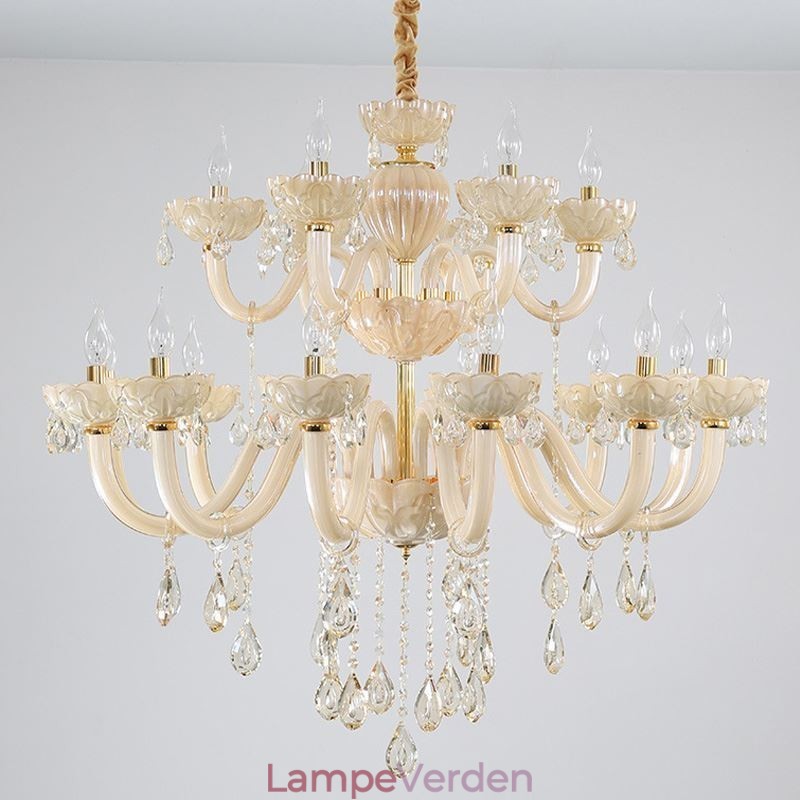 Luksuriøs krystallysekrone Europæisk Cognacfarve Loftslampe Glashus Dobbeltlag 12+6 lys