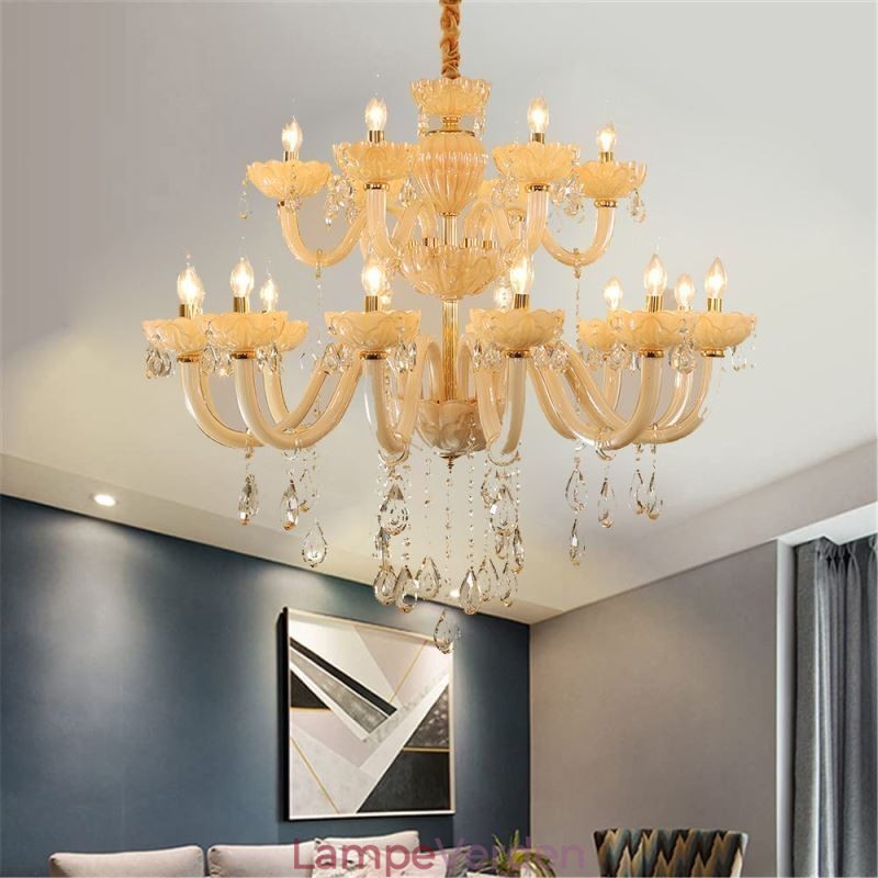 Luksuriøs krystallysekrone Europæisk Cognacfarve Loftslampe Glashus Dobbeltlag 12+6 lys