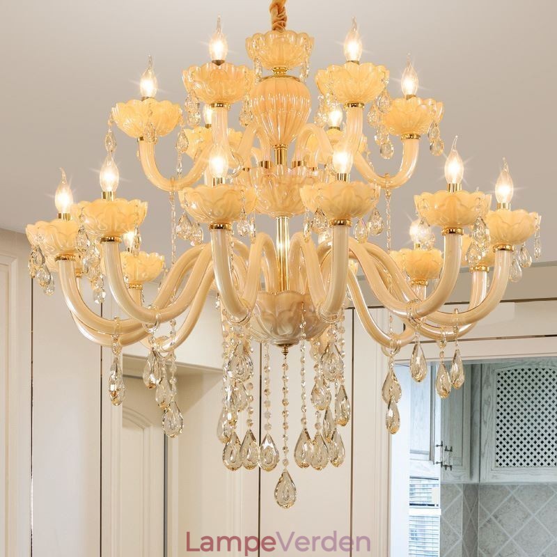 Luksuriøs krystallysekrone Europæisk Cognacfarve Loftslampe Glashus Dobbeltlag 12+6 lys