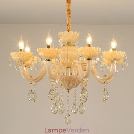 Iøjnefaldende krystallysekrone Europæisk cognacfarve loftslampe glashus 8 lys Iøjnefaldende krystallysekrone Europæisk cognacfarve loftslampe glashus 8 lys