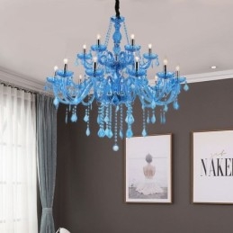 Stor krystal lysekrone europæisk vedhæng lyseblå farve æstetisk