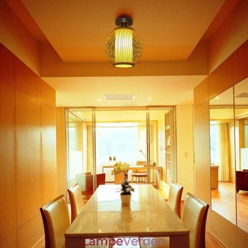 Unik Semi Flush Mount Creative Rund Bambus Loftslampe Verandabelysning