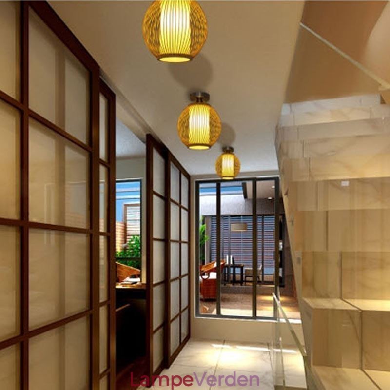 Unik Semi Flush Mount Creative Rund Bambus Loftslampe Verandabelysning