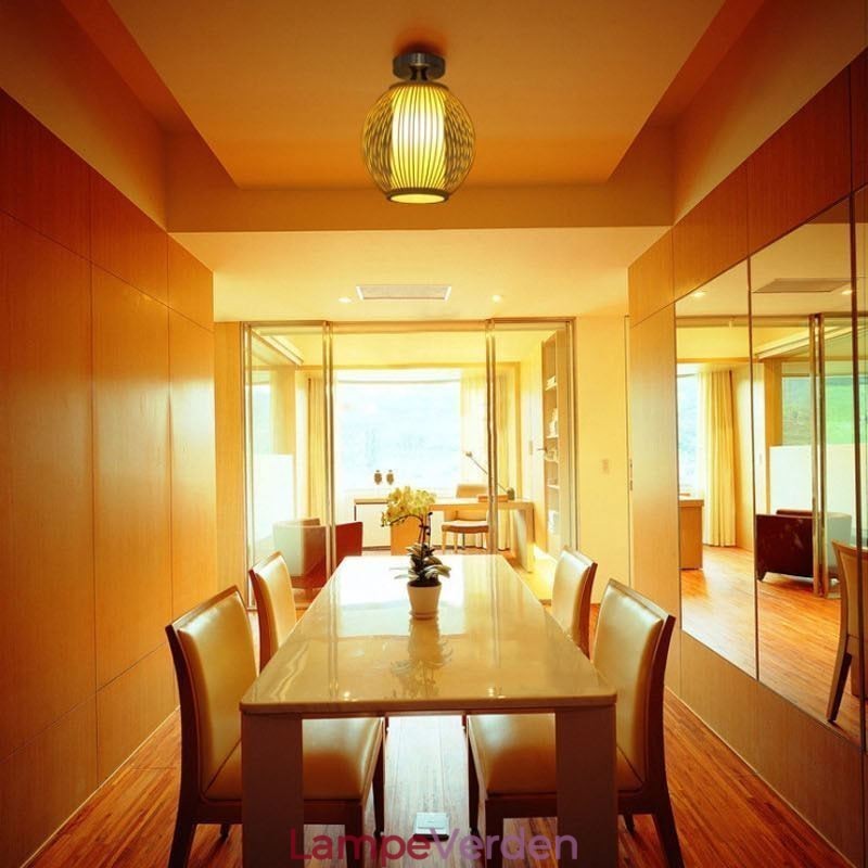 Unik Semi Flush Mount Creative Rund Bambus Loftslampe Verandabelysning