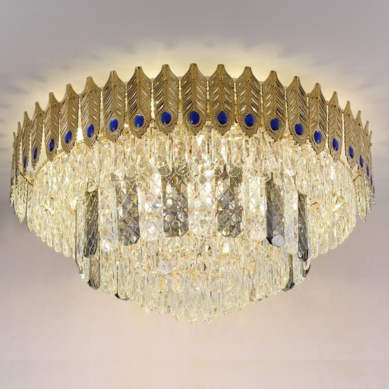 Krystal Flush Mount Rund galvaniseret Phoenix Tail Guld Luksus Decrative Loftslampe