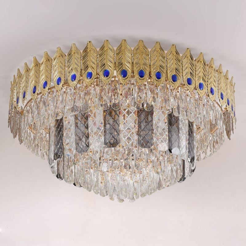 Krystal Flush Mount Rund galvaniseret Phoenix Tail Guld Luksus Decrative Loftslampe