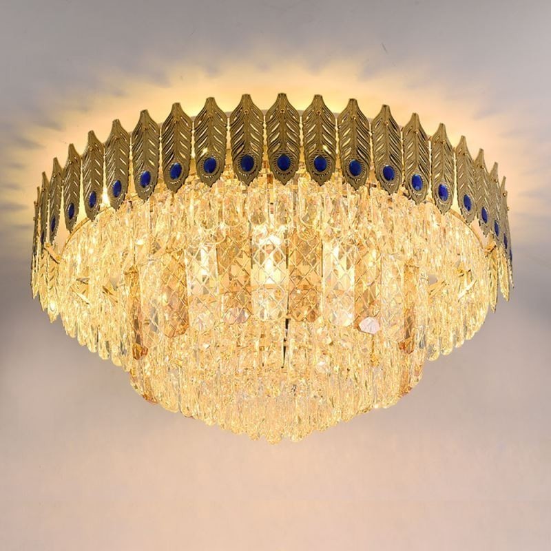 Krystal Flush Mount Rund galvaniseret Phoenix Tail Guld Luksus Decrative Loftslampe