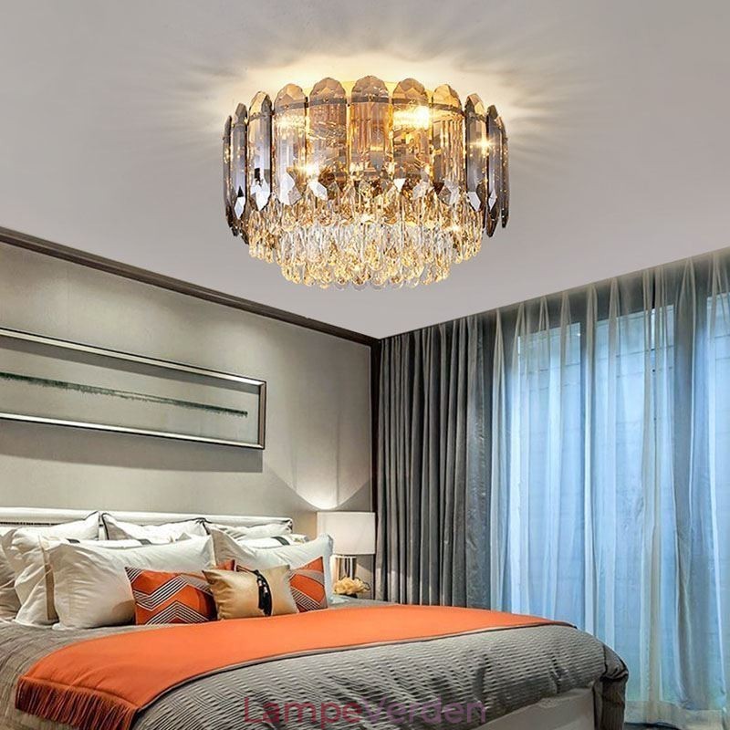 Krystal Flush Mount Smoky Grey Rund Krystal Dekoration Loftslampe