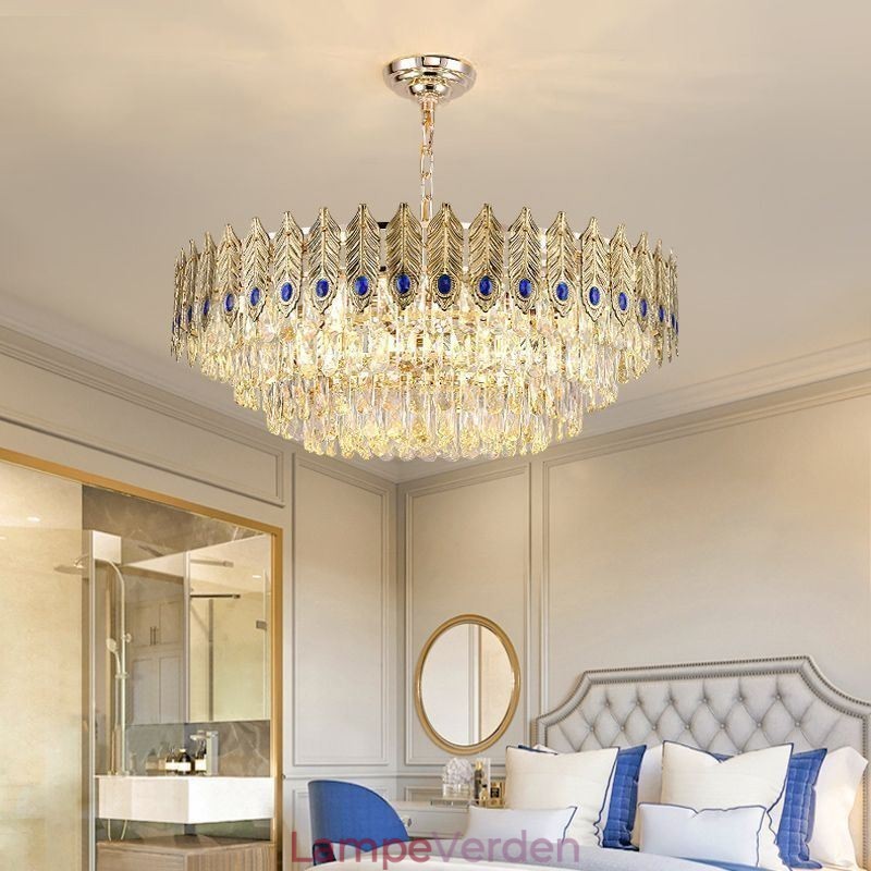 Golden Feather Crystal Pendel Light Duplex dekorativt loftslys