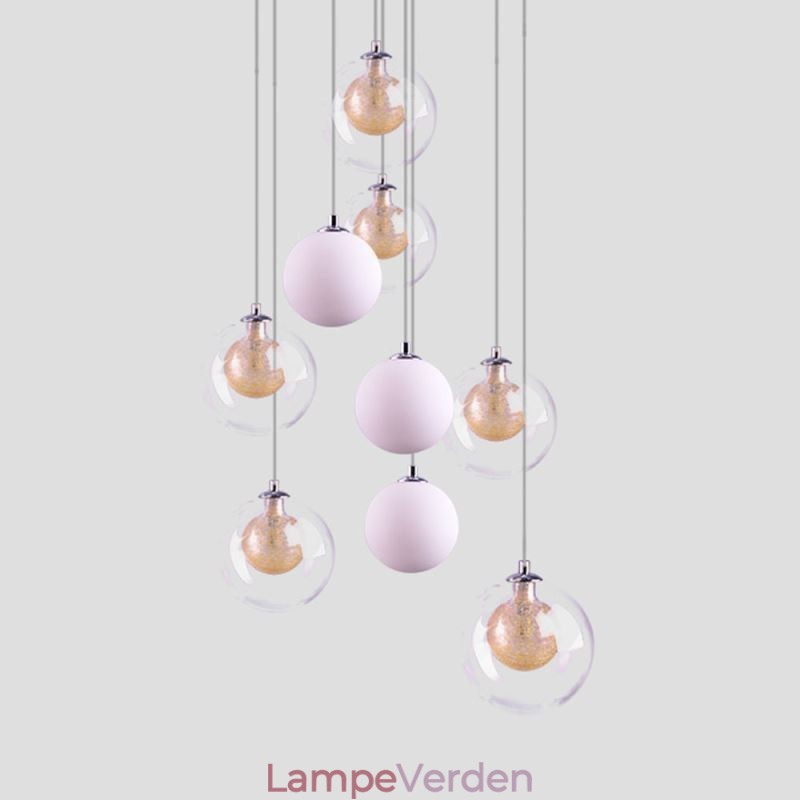 Pendelglas Cluster Loftslys Guld Nikkel Børstet+Mælkeagtig glaskugle