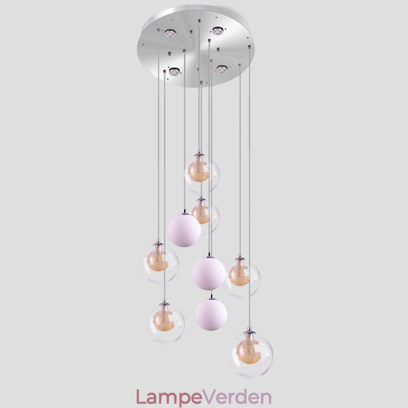 Pendelglas Cluster Loftslys Guld Nikkel Børstet+Mælkeagtig glaskugle