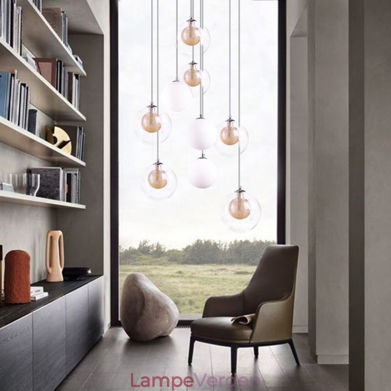 Pendelglas Cluster Loftslys Guld Nikkel Børstet+Mælkeagtig glaskugle