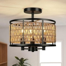 Retro Loftslampe Sort Jern Papir Reb Loftslampe 3 Lys