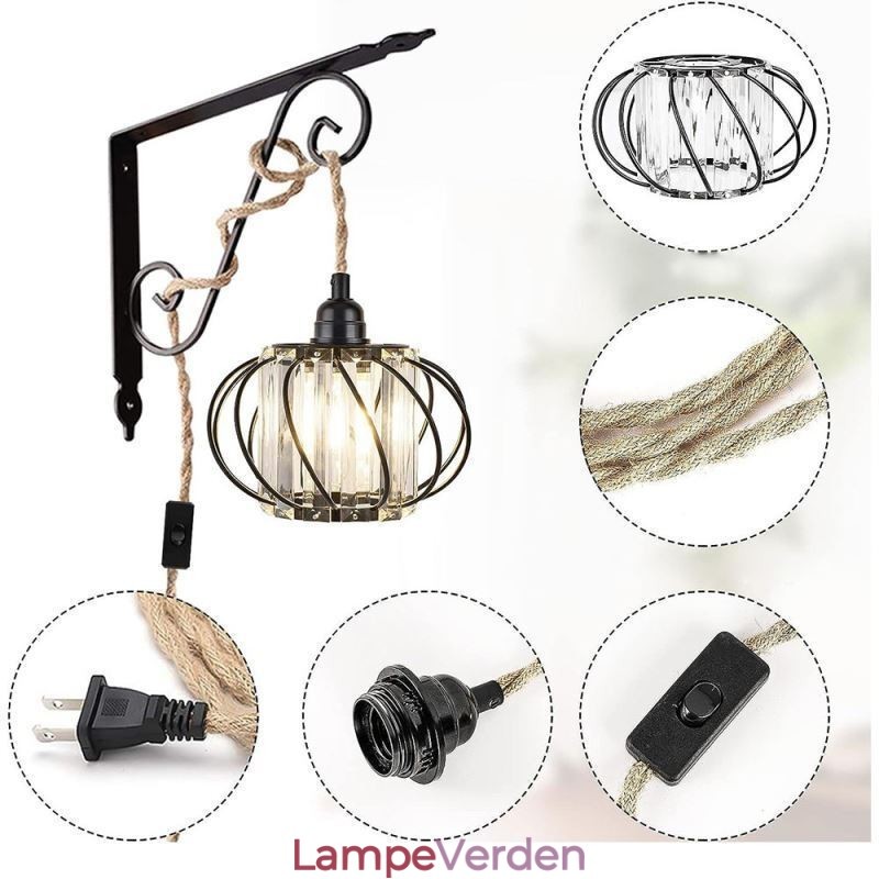 Retro Country Loftslampe Hamp Reb Jern Sengelampe Pendel Med Stik