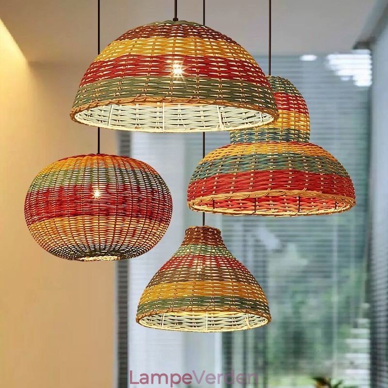 Bambus og rattan pendel Farverig stribet interval håndvævet lampeskærm Loftslampe