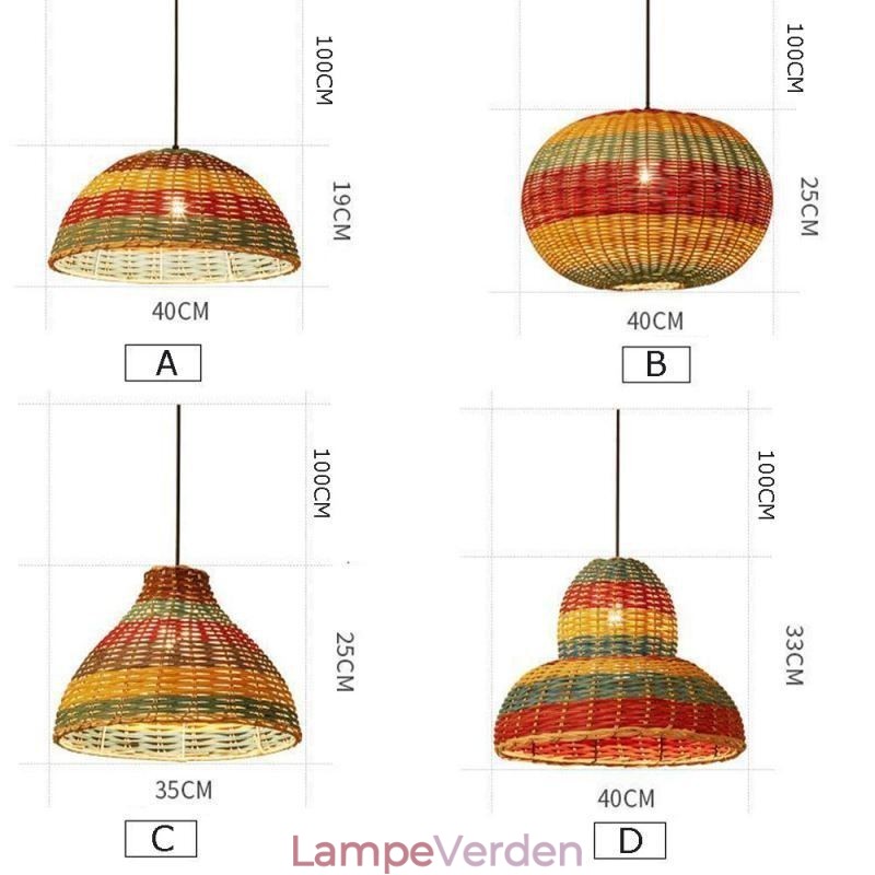 Bambus og rattan pendel Farverig stribet interval håndvævet lampeskærm Loftslampe