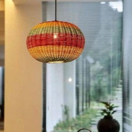 Bambus og rattan pendel Farverig stribet interval håndvævet lampeskærm Loftslampe